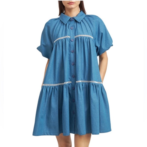 En Saison Tuckernuck Tara Puff Sleeve Tiered Babydoll Dress NWOT Cotton Denim - Picture 9 of 10
